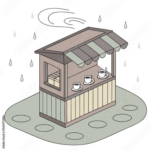 Fototapeta A charming isometric illustration of a small rustic coffee stand with three cups of coffee displayed on the counter during a gentle rain shower with swirling wind