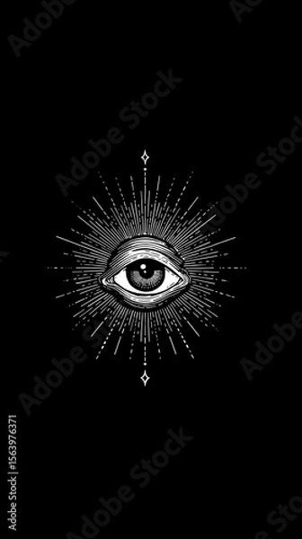 Fototapeta simple, abstract eyeball in the center; black and white art ai generated vision; concept of god, belief, mystery, illuminati