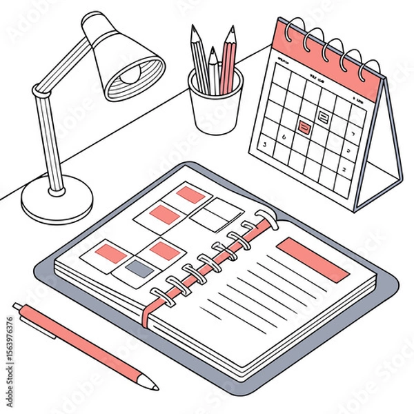 Fototapeta A clean isometric illustration of a desk setup featuring an open planner a desk lamp pencils in a cup a desk calendar and a pen