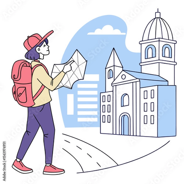 Fototapeta A young traveler with a backpack and a map navigates a city street towards a grand european style building with a dome