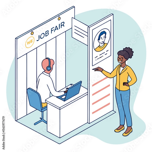 Fototapeta Diverse woman smiles and gestures towards a job fair booth with a recruiter at a laptop and a display featuring a candidate profile illustration