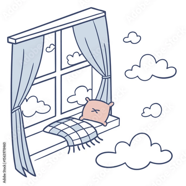 Fototapeta Cozy window seat with a checkered blanket and pink pillow overlooking a sky filled with fluffy cartoon clouds and soft blue curtains