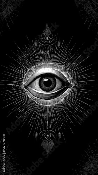 Fototapeta simple, abstract eye vertical design; black and white art ai generated vision; concept of god, belief, mystery, illuminati