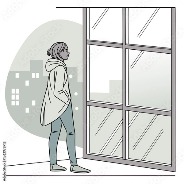 Fototapeta A solitary person wearing a hooded jacket and jeans stands with hands in pockets looking out a large window at a cityscape at dusk