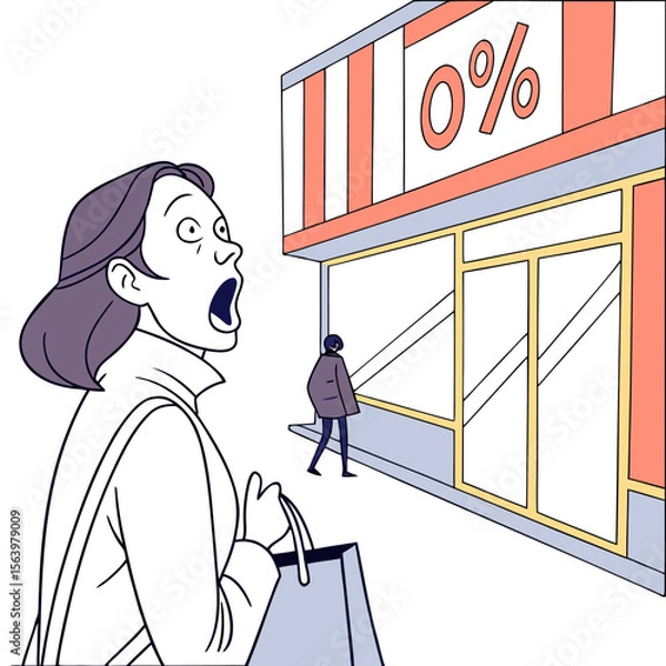 Fototapeta Shocked woman sees zero percent interest rate sign on storefront while holding shopping bag and another person walks by