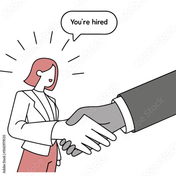 Fototapeta A smiling woman in a suit shakes hands with a person in a suit signifying a successful job offer and employment