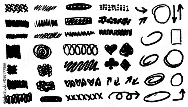 Fototapeta A hand-drawn collection of lines, crosses, underlines, scribbles, and arrows in black ink.