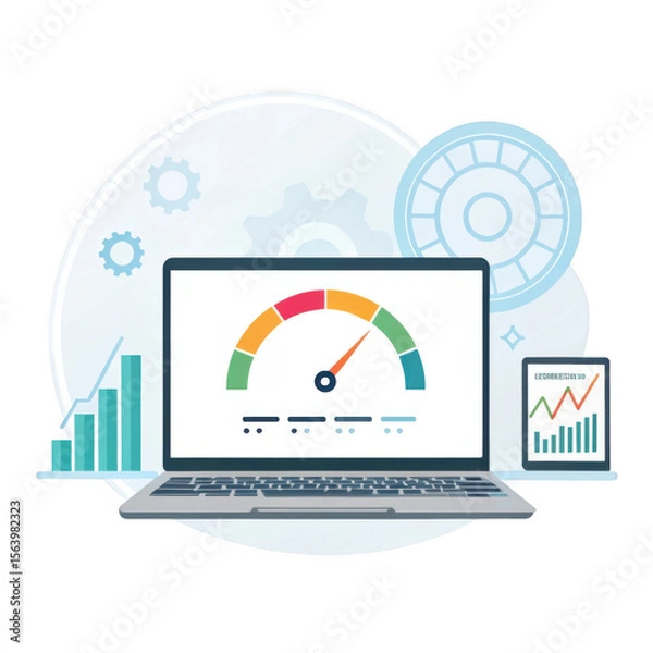 Fototapeta Digital dashboard with speedometer and graphs on laptop and tablet isolated on transparent background