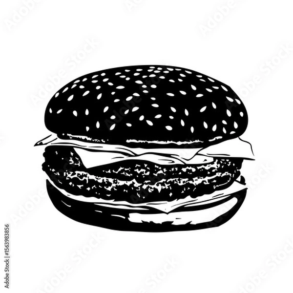 Obraz Black silhouette of a hamburger with sesame seed bun on a white background for food branding and restaurant menus