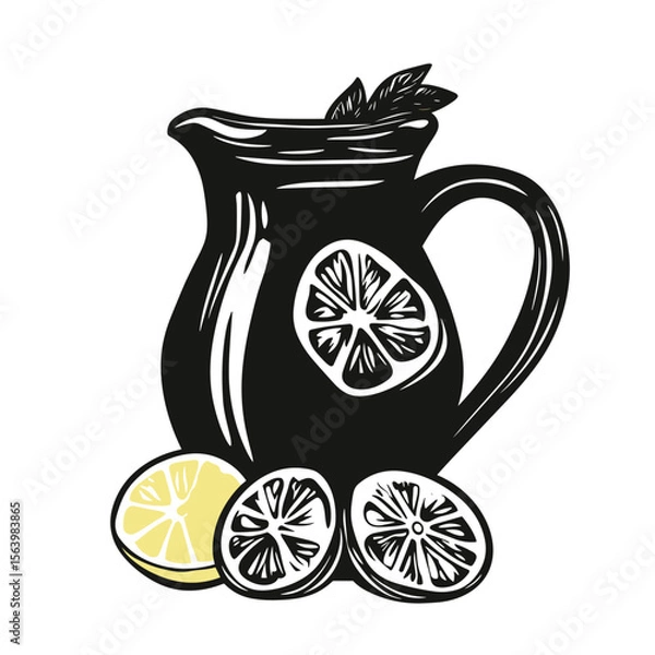 Obraz Black silhouette of a lemonade pitcher with lemon slices on a white background for summer parties and beverage branding