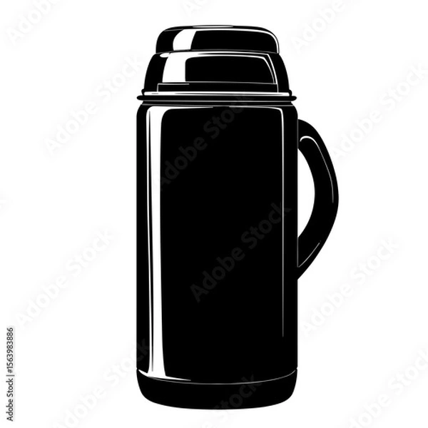 Obraz Black silhouette of a thermos with a handle on a white background for travel, outdoor activities, and hot beverages