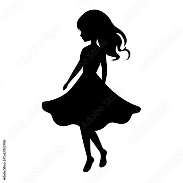 Obraz Black silhouette of a girl in a dress twirling on a white background for design and children's decor
