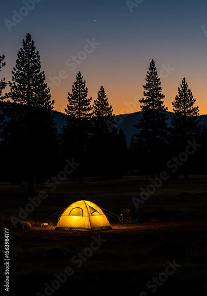 Fototapeta Illuminated camping tent glows warmly in a dark forest at twilight