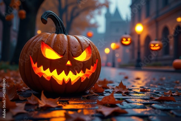 Obraz halloween Glowing Carved Pumpkin on Cobblestone Street with Autumn Leaves and Distant Buildings for a Festive and Seasonal Street Scene