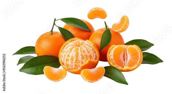 Fototapeta Fresh and Juicy Oranges with Green Leaves, Perfect for Healthy Snacking and Cooking, isolated on a transparent background