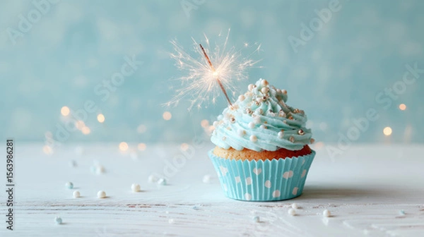 Obraz Light blue cupcake with sprinkles and sparkler. Happy birthday concept