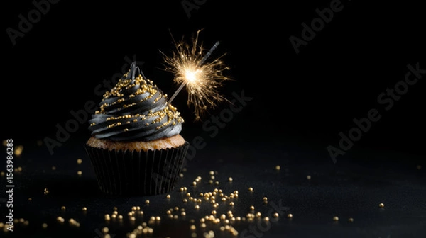 Obraz Cupcake with golden sprinkles and sparkler on dark background