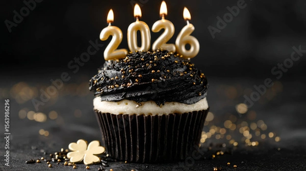 Obraz Chocolate cupcake with the number 2026 as golden candles. Happy new year concept