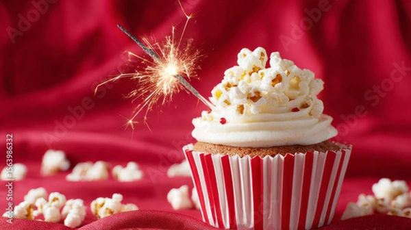 Obraz Popcorn cupcake with sparkler in red and white striped cup on red satin curtain background. Cinema birthday concept