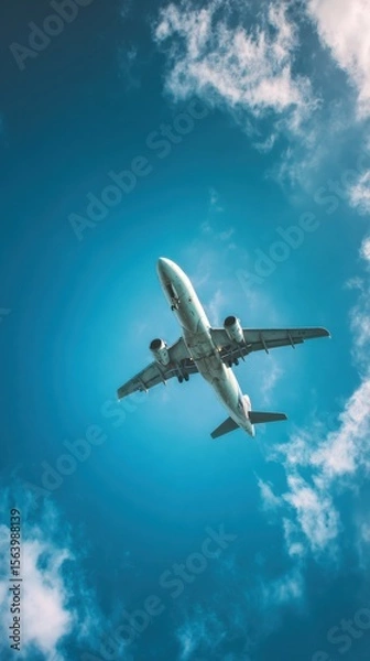 Fototapeta Airplane Flying High in the Clear Blue Sky with Clouds Beneath and Sunlight Illuminating the Scene
