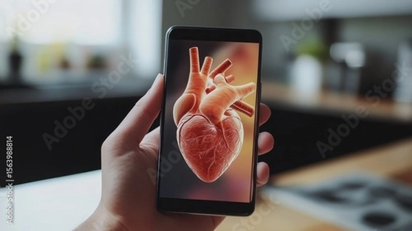 Fototapeta A hand holding a phone displaying a 3D heart