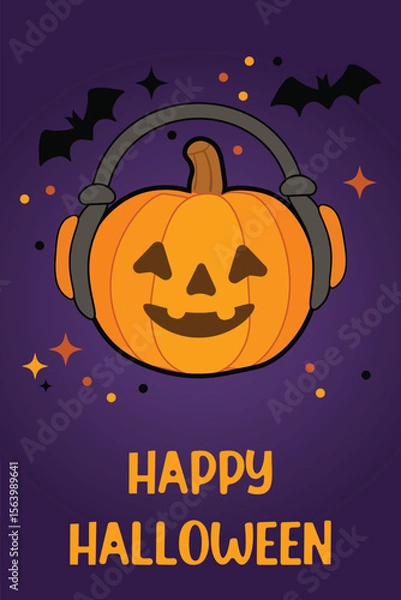 Fototapeta Vertical Halloween greeting card "Happy Halloween" text on purple background featuring smiling pumpkin wearing big headphones, surrounded by flying bats Fun festive vector design IT industry