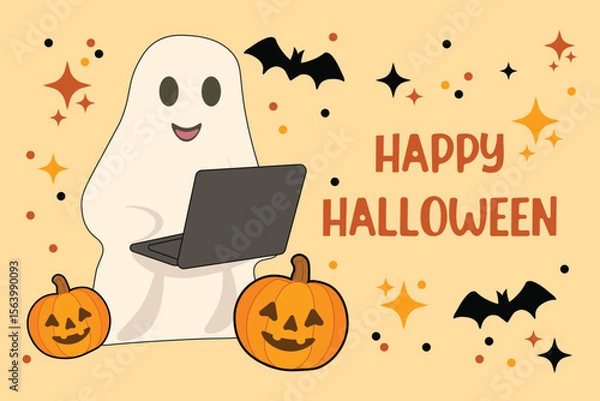 Fototapeta Halloween greeting card with "Happy Halloween" text on orange background featuring friendly ghost using a laptop, surrounded by pumpkins and bats. Fun vector for seasonal designs IT industry