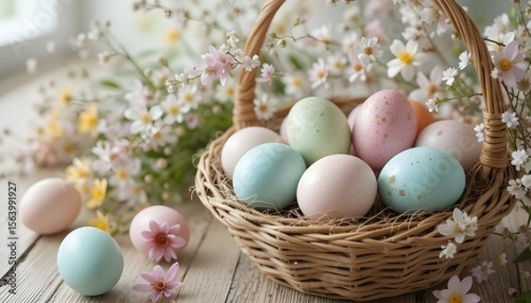 Fototapeta Pastel-colored Easter eggs in a wicker basket with spring flowers on wooden table, soft natural light, clean and cheerful