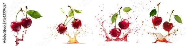 Fototapeta Set of fresh red cherries with juice splash effect and green leaves isolated on transparent background

