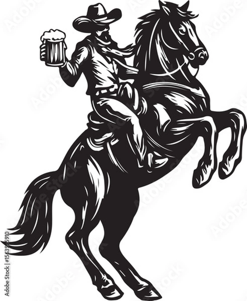 Obraz Cowboy on a Bucking Horse Holding a Mug of Beer Silhouette Vector Illustration on Transparent Background