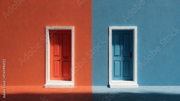 Fototapeta Two colorful doors side by side on textured walls with contrasting color schemes and sunlight