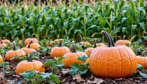 Fototapeta Vibrant Orange Pumpkins Growing in a Lush Green Corn Field Under Soft Autumn Light