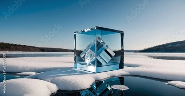 Fototapeta Glass cube protecting ice cube melting on frozen lake in winter