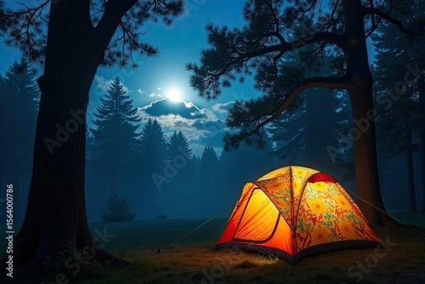 Obraz tent in the woods at night, full moon day in the forest