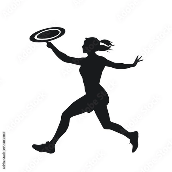 Obraz Black silhouette of a woman running with a frisbee on a white background for sports activities and outdoor fun