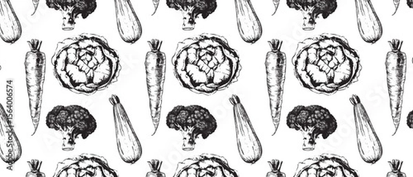 Obraz Seamless Vintage Engraving of Cabbage, Broccoli, and Carrot in Retro Blackwork Style for Eco Packaging and Thanksgiving Design.