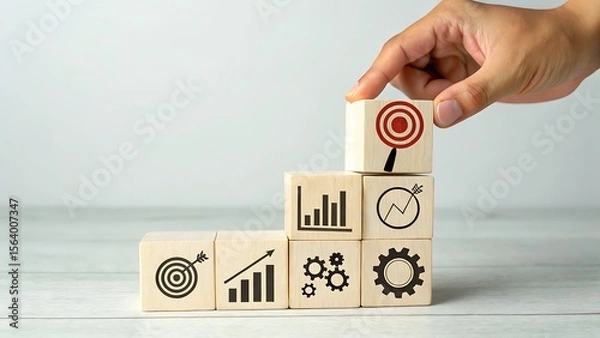 Fototapeta Photo of a hand carefully places a block with a target icon on top of a stack of wooden blocks, each showing various businessrelated symbols, representing strategic planning and goal achievement