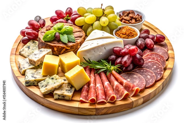 Fototapeta Gourmet Charcuterie Board with Assorted Cheeses, Meats, and Fresh Garnishes, Generative AI