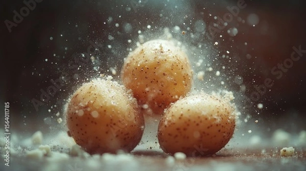 Fototapeta Three fried potatoes with a sprinkle of salt and pepper on top