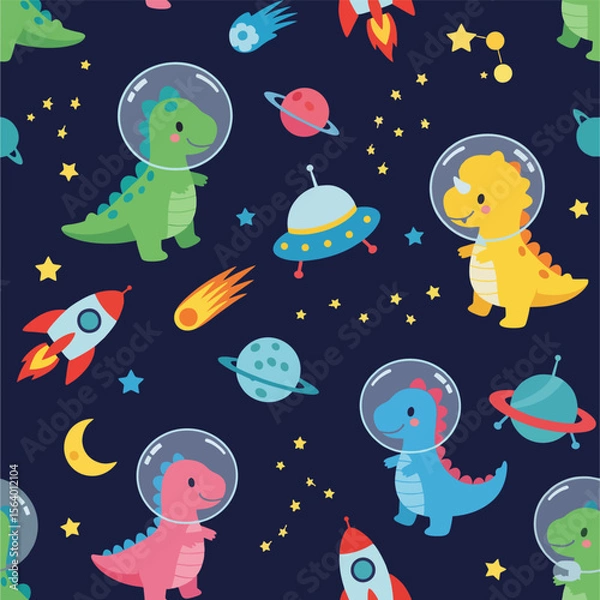 Fototapeta Cute Dinosaur Astronauts in Outer Space – Seamless Kids Vector Pattern with Rockets and Planets