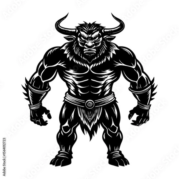 Fototapeta Mythical minotaur illustration with muscular body and horns, Black and white drawing of a fierce minotaur standing upright, showcasing a muscular physique, horns, and fantasy warrior elements.
