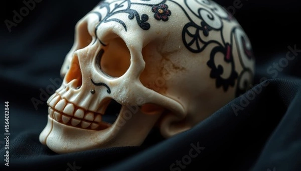 Obraz Intricate sugar skull art with vibrant floral patterns and dark background, symbolizing Day of the Dead tradition