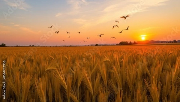Obraz Golden wheat field at sunset with birds flying in the sky, creating a peaceful rural scene