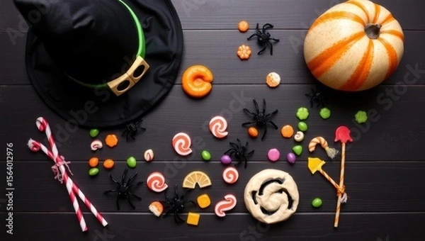 Obraz Spooky Halloween treats with witch hat, pumpkin, and colorful candies on a dark wooden table