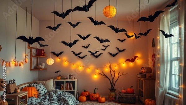 Obraz Cozy Halloween bedroom decorated with bats, pumpkins, and warm lights creating a festive spooky atmosphere