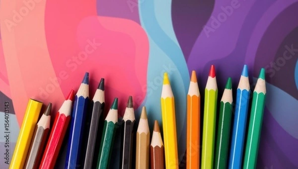 Obraz Vibrant colored pencils lined up against a colorful abstract background, showcasing creativity and art supplies