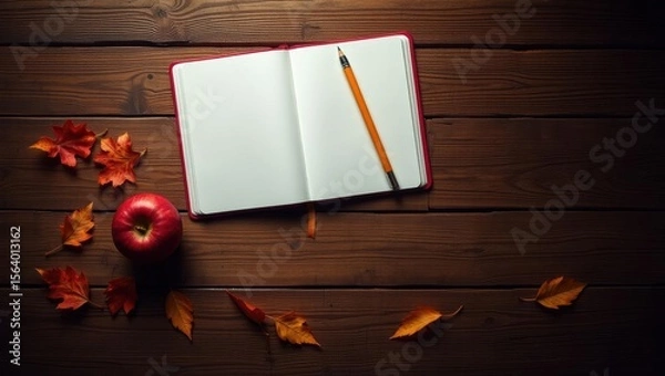 Obraz Autumnal desk setup with open notebook, pencil, apple, and scattered leaves on wooden surface