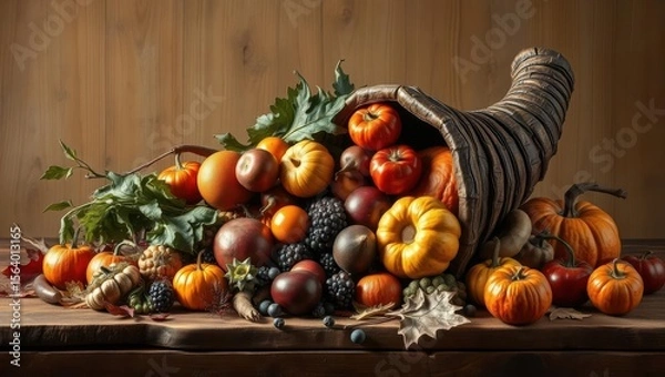 Obraz Bountiful autumn cornucopia overflowing with vibrant pumpkins, gourds, and fresh fruits on a rustic wooden table
