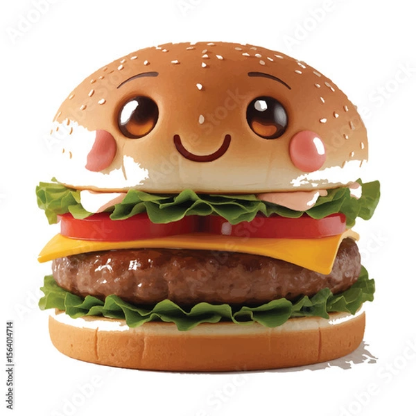 Fototapeta A cute cartoon hamburger with a smiling face and fresh ingredients sits isolated on a white background
