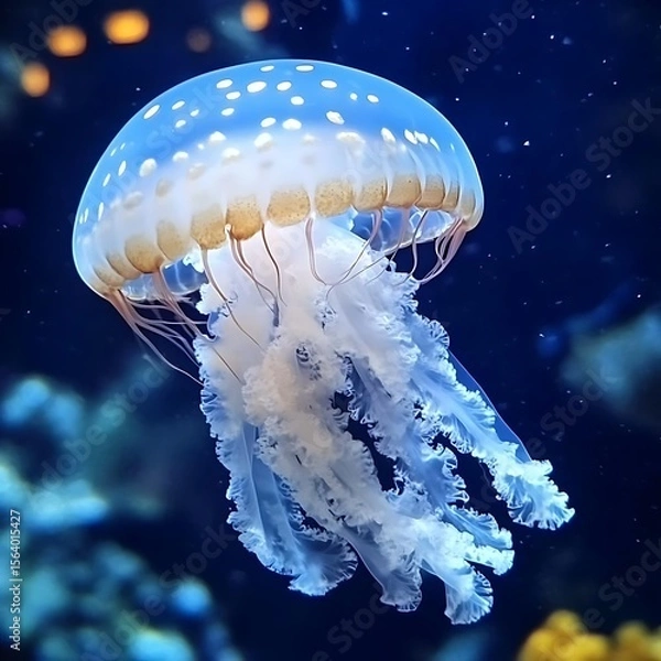 Fototapeta Translucent jellyfish drifts through dark ocean water in motion high resolution picture